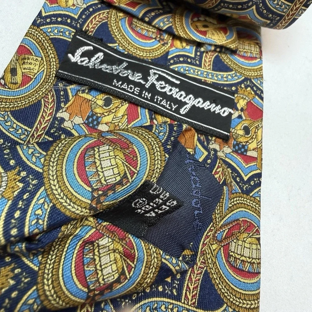 Vintage Ferragamo‎ Silk Tie Music Instrument Medallion Print Italian Luxury 90's
